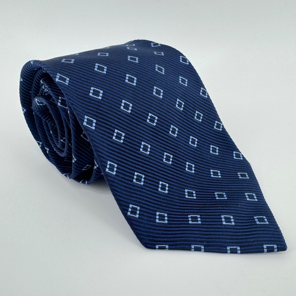Brooks Brothers Makers Necktie Blue Square Pattern Silk Cotton Blend USA Made